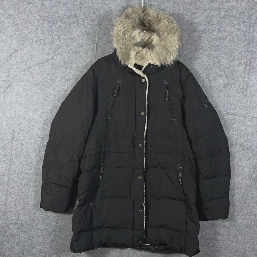Lauren Ralph Lauren Down Feather Puffer Coat Sz L Black Faux Fur Hood Sherpa